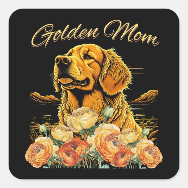Golden Retriever Mum Floral Boho Chic Dog Portrait Square Sticker (Front)