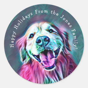 Golden Retriever Neon Colours Custom Holiday Name Classic Round Sticker