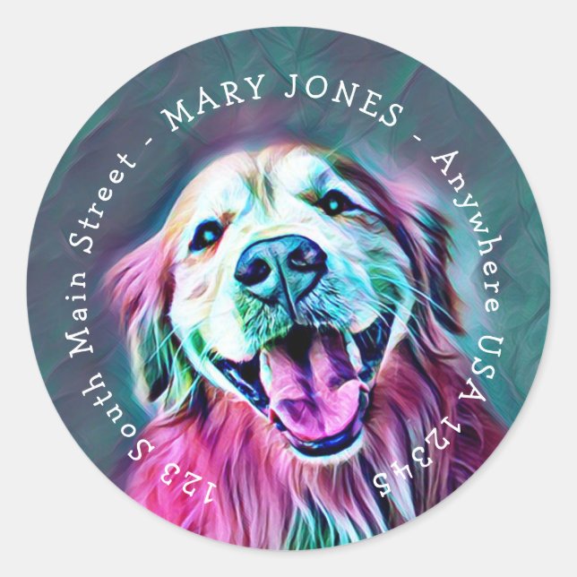 Golden Retriever Neon Colours Custom Name Address Classic Round Sticker (Front)