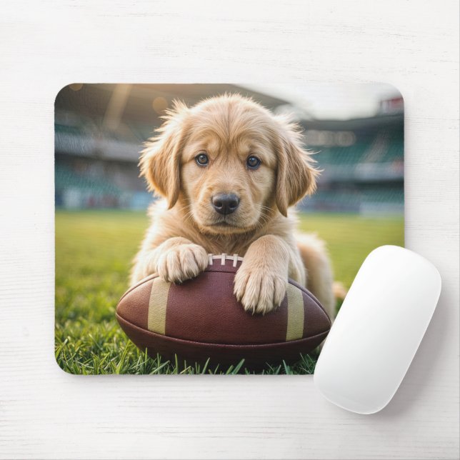 Golden Retriever On A Football  Mouse Pad (With Mouse)