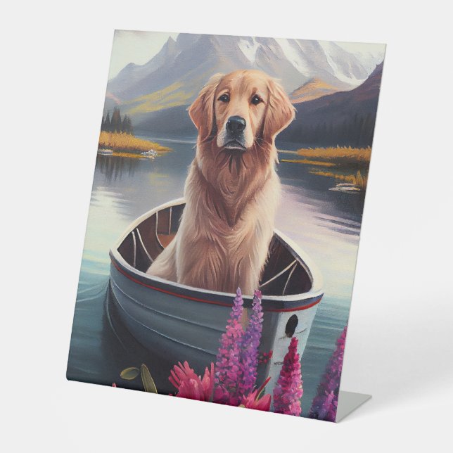 Golden Retriever on a Paddle: A Scenic Adventure Pedestal Sign (Front)