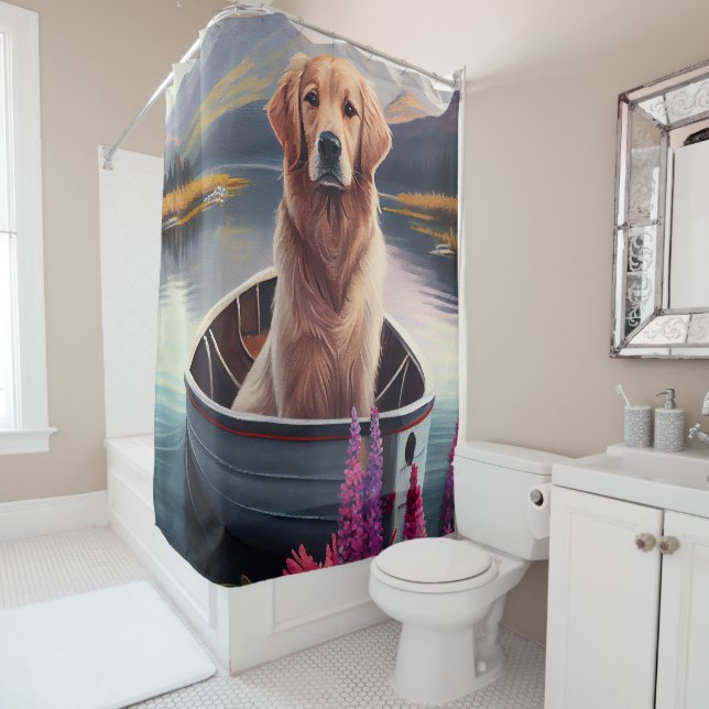 Golden Retriever on a Paddle: A Scenic Adventure Shower Curtain (In Situ)