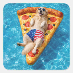 Golden Retriever on a Pizza Air Mattress Square Sticker