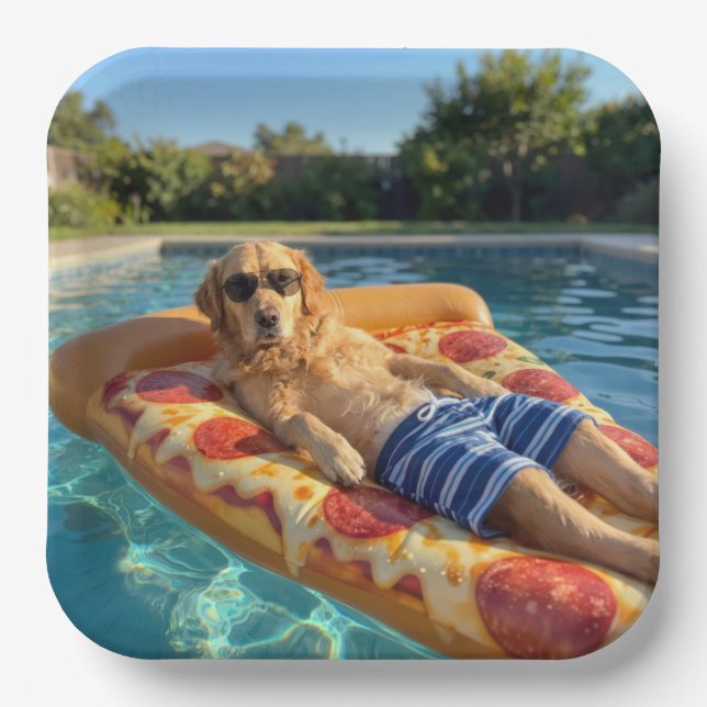Golden Retriever on a Pizza Slice Pool Float Paper Plate (Front)