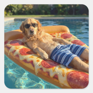 Golden Retriever on a Pizza Slice Pool Float Square Sticker