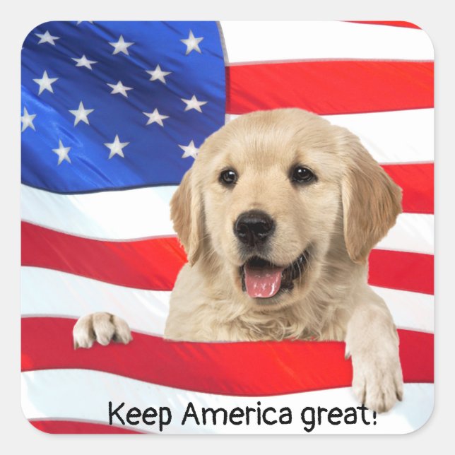 Golden Retriever on American flag Square Sticker (Front)