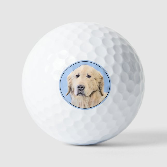 Golden Retriever Painting - Cute Original Dog Art Golf Balls (Front)