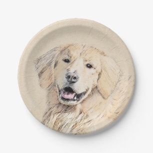 Golden Retriever Painting - Cute Original Dog Art Paper Plate