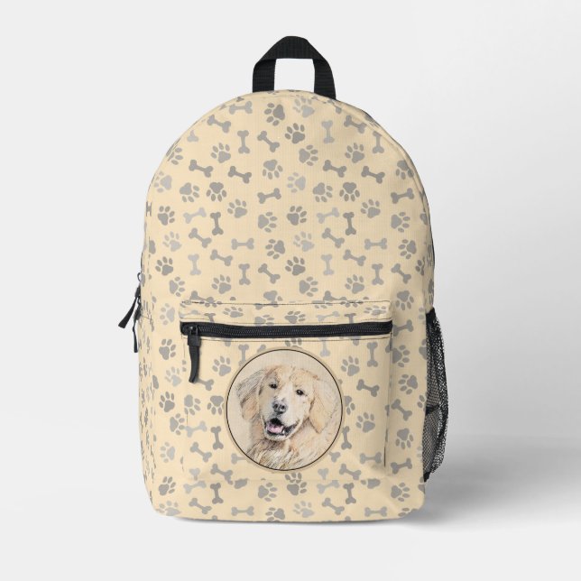 Golden Retriever Painting - Cute Original Dog Art Printed Backpack (Front)