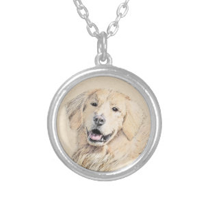 Golden Retriever Painting - Cute Original Dog Art Silver Plated Necklace