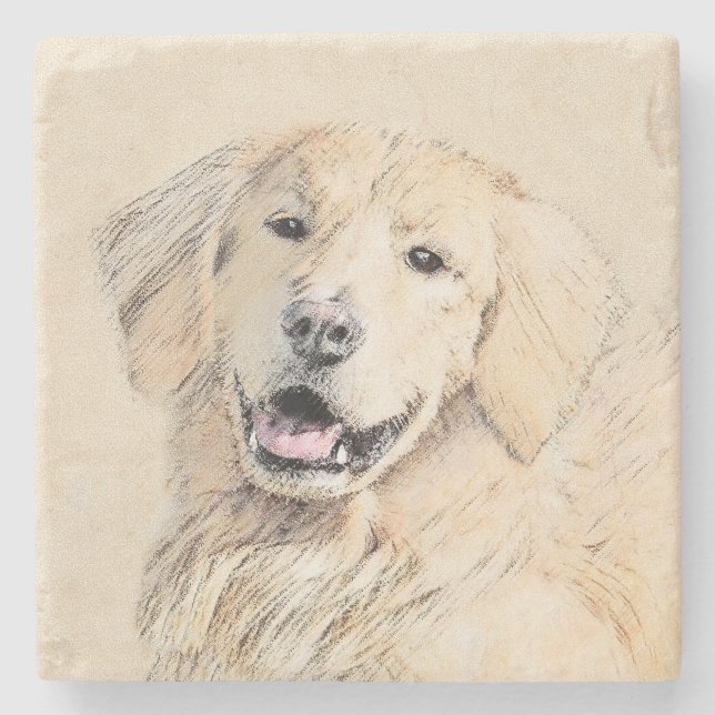 Golden Retriever Painting - Cute Original Dog Art Stone Coaster (Front)