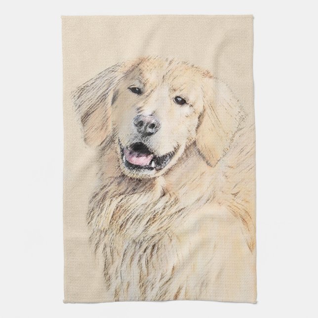 Golden Retriever Painting - Cute Original Dog Art Tea Towel (Vertical)