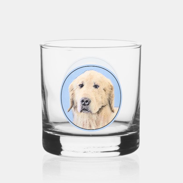Golden Retriever Painting - Cute Original Dog Art Whiskey Glass (Front)