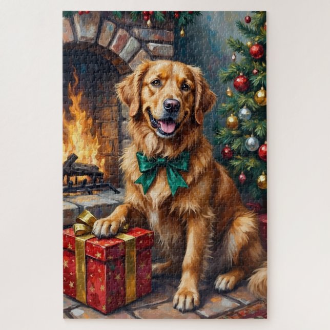 Golden Retriever Patiently Guarding Christmas Gift Jigsaw Puzzle (Vertical)