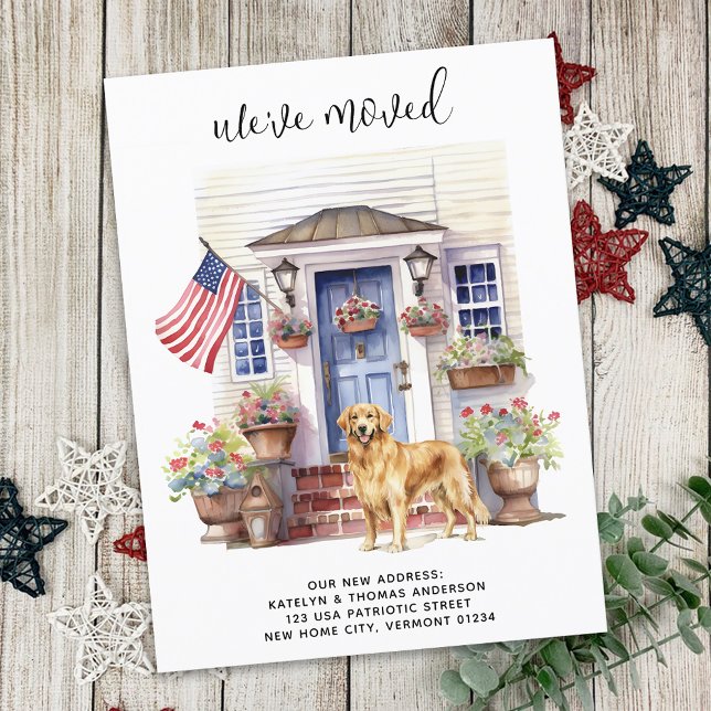 Golden Retriever Patriotic Personalised Dog Moving Announcement Postcard (Creator Uploaded)