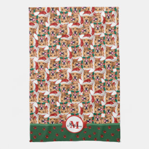Golden Retriever Pattern Monogram Christmas Dog Tea Towel