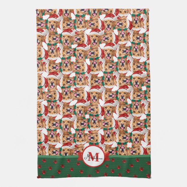 Golden Retriever Pattern Monogram Christmas Dog Tea Towel (Vertical)