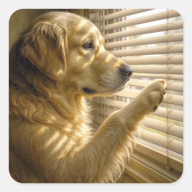 Golden Retriever Peeking Through Blinds Square Sticker (Front)
