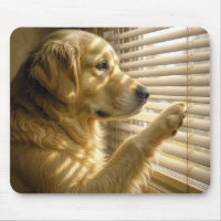 Golden Retriever Peeking Through Sunlit Blinds