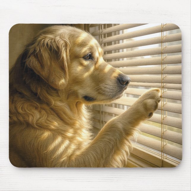 Golden Retriever Peeking Through Sunlit Blinds Mouse Pad (Front)