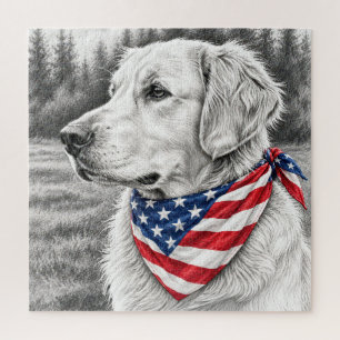 Golden Retriever Pencil Sketch with Flag Bandanna Jigsaw Puzzle