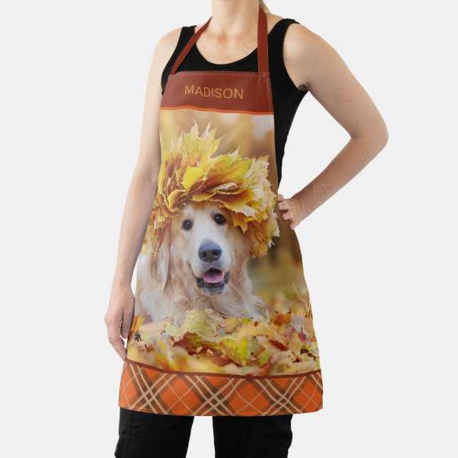 Golden Retriever Photo Fall Tartan Personalised Apron (Insitu)