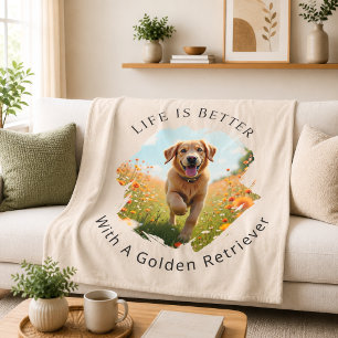 Golden Retriever Photo Life Is Better Beige Fleece Blanket