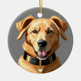 Golden Retriever Portrait Wearing Black Collar Ceramic Ornament