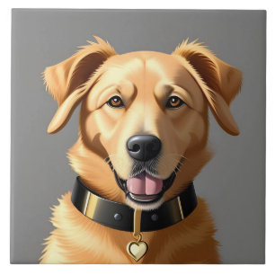 Golden Retriever Portrait Wearing Black Collar Ceramic Tile