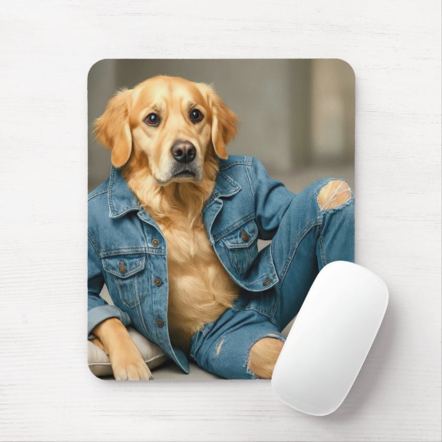 Golden Retriever Posing in Blue Jeans Mouse Pad (With Mouse)