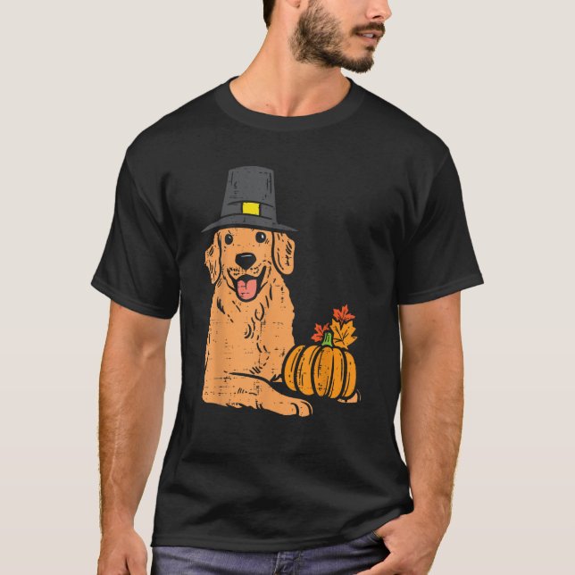 Golden Retriever Pumpkin Leaves Thanksgiving Hallo T-Shirt (Front)