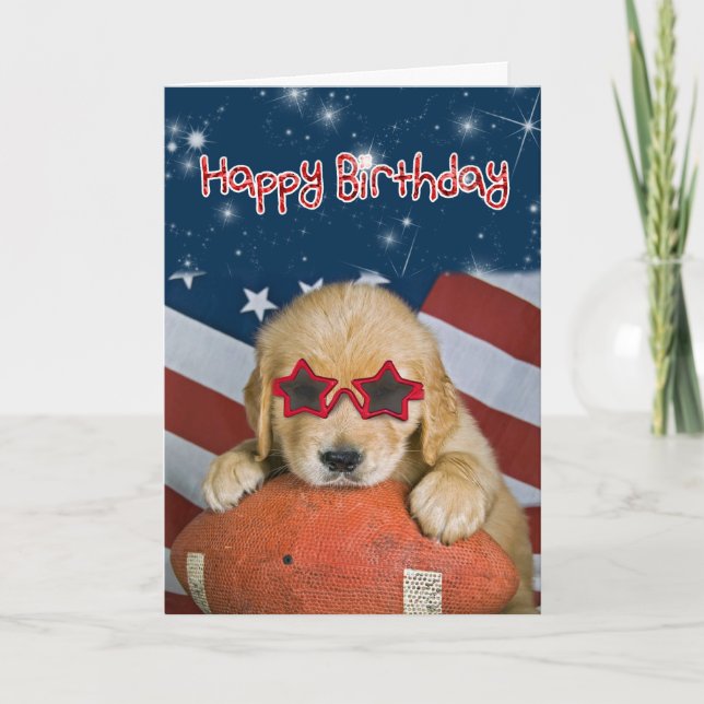 Golden Retriever Pup on Football Birthday Card (Front)