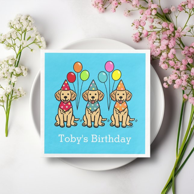 Golden Retriever Puppies Birthday Paper Napkins (Golden Retriever Puppies Birthday Paper Napkins.  Cute Golden Retriever Cartoon Design for Birthday!)