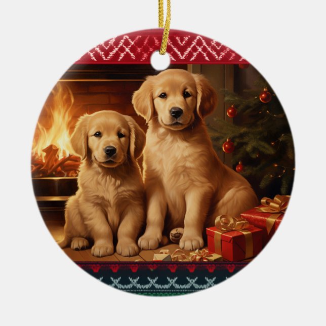 Golden Retriever puppies Christmas Ceramic Ornament (Front)