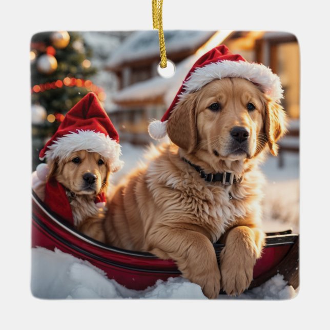 Golden Retriever Puppies Christmas Ceramic Ornament (Front)
