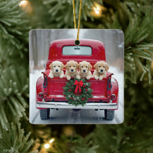 Golden Retriever Puppies In Christmas Truck Ceramic Ornament