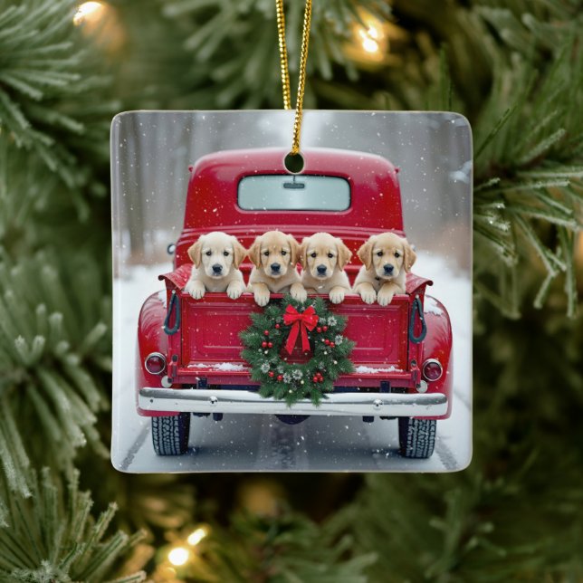 Golden Retriever Puppies In Christmas Truck Ceramic Ornament (Tree)