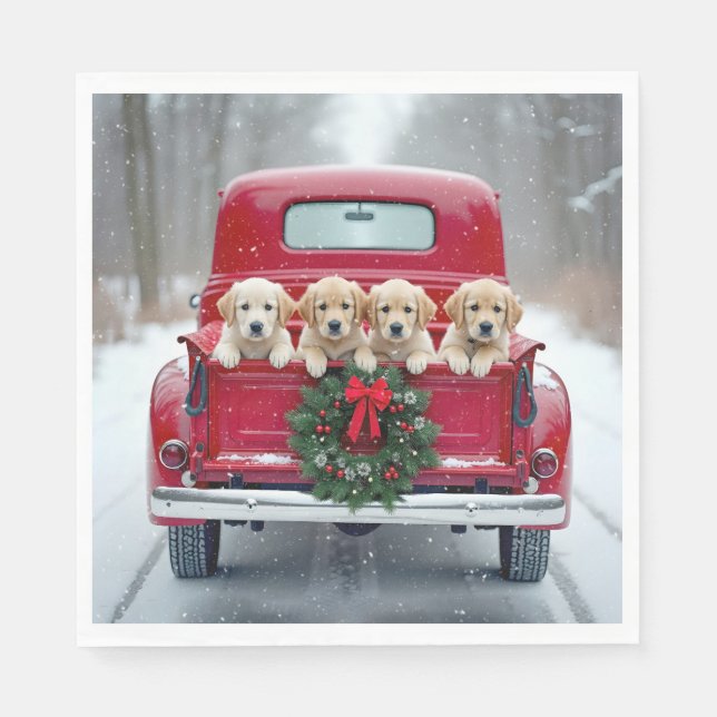 Golden Retriever Puppies In Christmas Truck Napkin (Front)