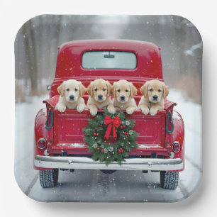 Golden Retriever Puppies In Christmas Truck Paper Plate
