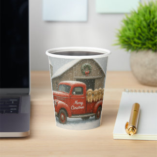 Golden Retriever Puppies in Truck Christmas Card Paper Cups
