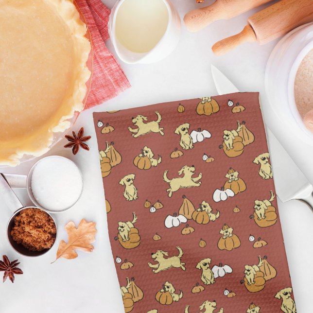 Golden Retriever Puppies Pumpkins Pattern Fall Tea Towel (Creator Uploaded)