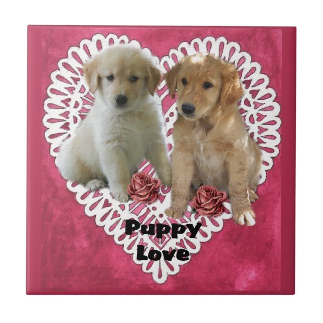 Golden Retriever Puppies Valentines Ceramic Tile (Front)