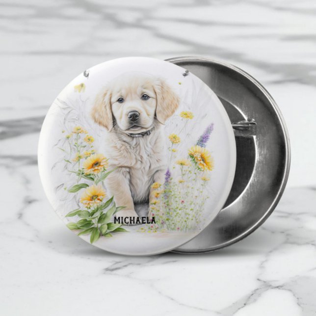 Golden Retriever Puppy and Florals Monogram Name 3 Cm Round Badge (Add the required name to personalize or remove if not required.)
