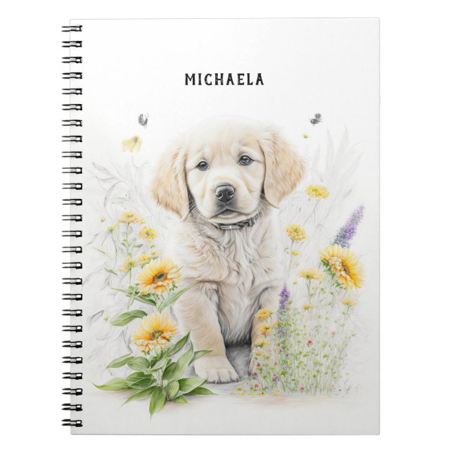 Golden Retriever Puppy and Florals Monogram Name Notebook (Front)