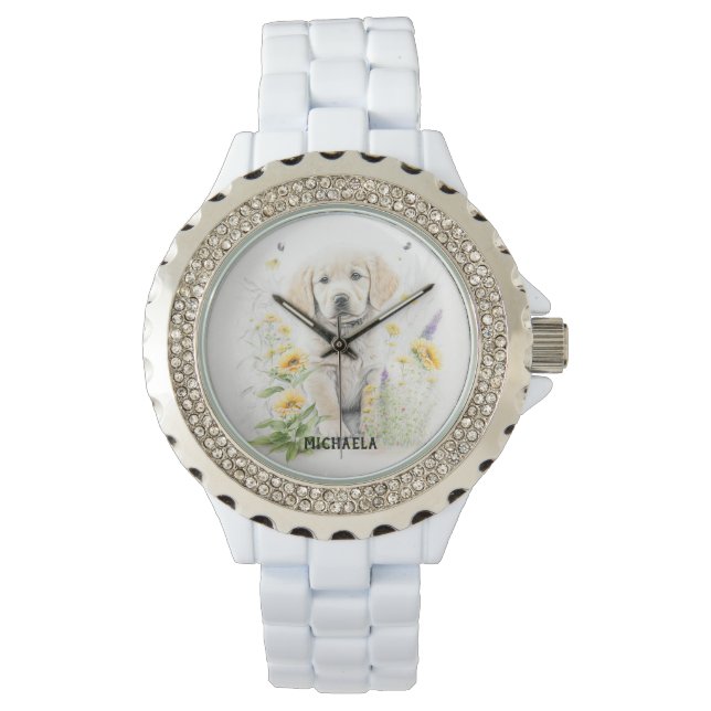 Golden Retriever Puppy and florals monogram name Watch (Front)