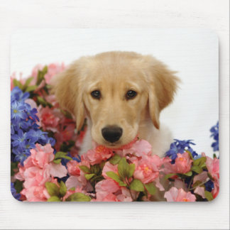 Golden Retriever Puppy and Flowers Mouse Pad