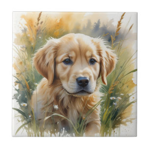 Golden retriever puppy at sunset ceramic tile
