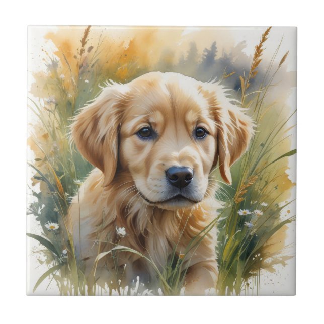 Golden retriever puppy at sunset ceramic tile (Front)