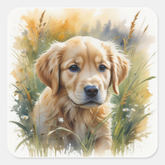 Golden retriever puppy at sunset square sticker