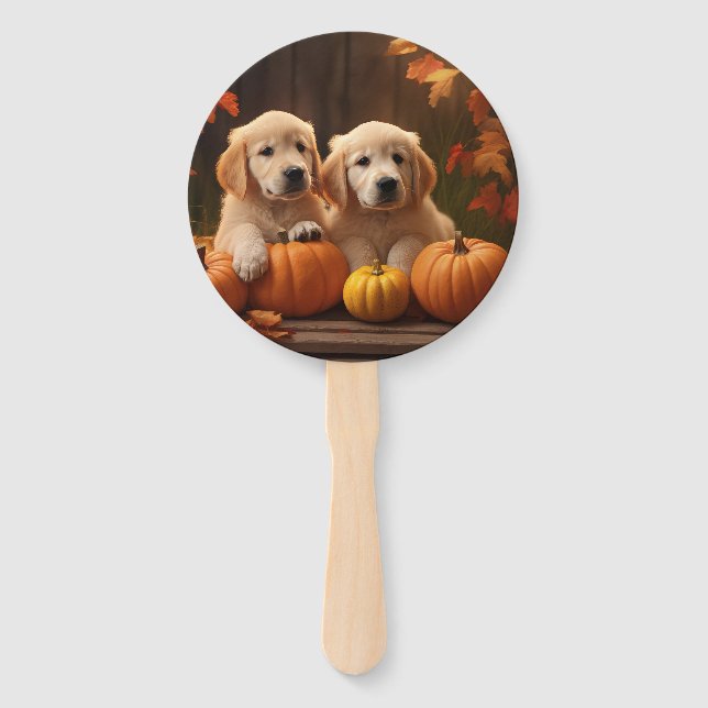 Golden Retriever Puppy Autumn Delight Pumpkin  Hand Fan (Front)